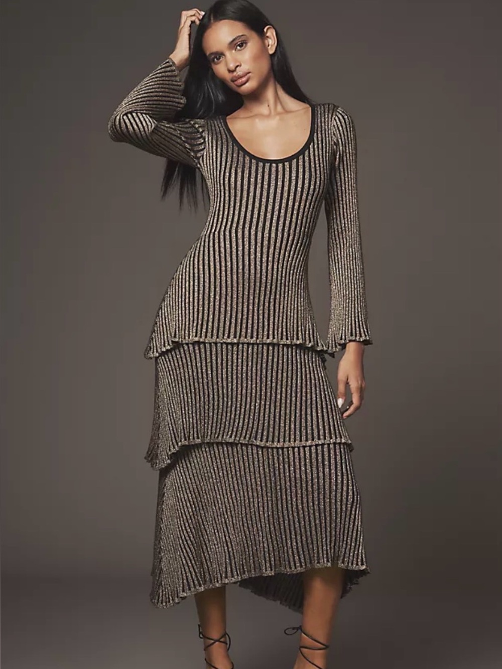 Anthropologie Siempre Tiered Shimmer Midi Dress Black Gold XS NWT